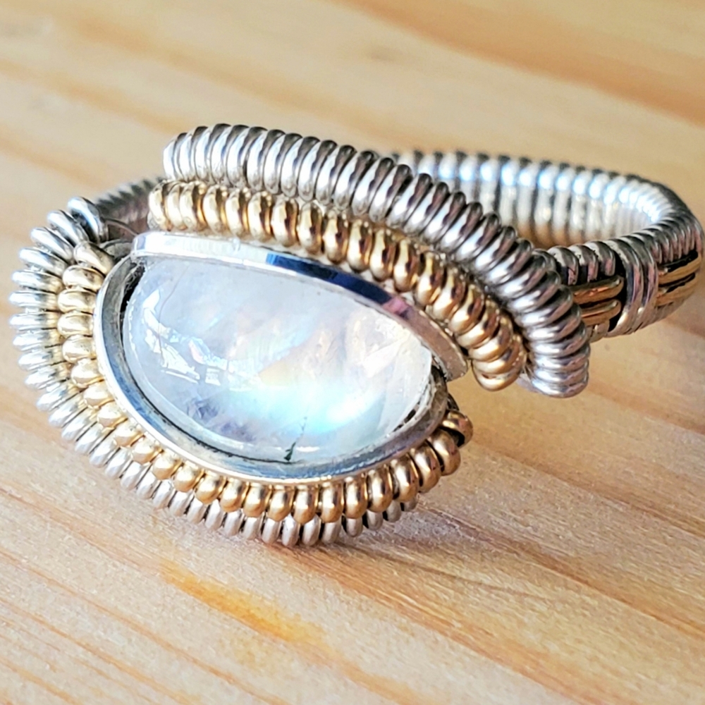 Moonstone Ring - Handmade Silver & Gold Size 7.5